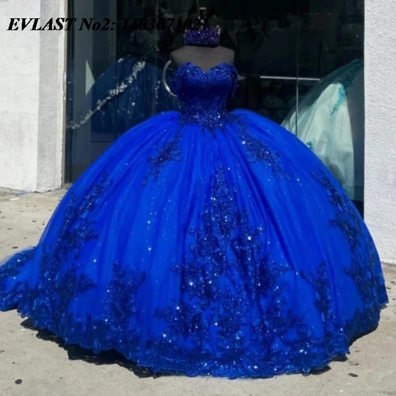 EVLAST Personalizzato Lucido Royal Blue Abito Quinceanera Abito di Sfera Glitter Applique di Pizzo Che Borda Dolce 16 Abiti Da 15 Anos E2QA89