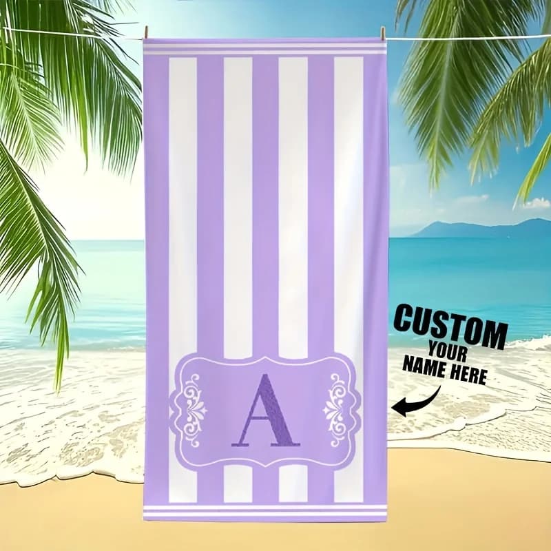 Telo Mare Personalizzato a Righe Viola con Iniziali Stampate, Morbido e ad Asciugatura Rapida, Grande Asciugamano da Bagno per Viaggi, Nuoto e Piscina