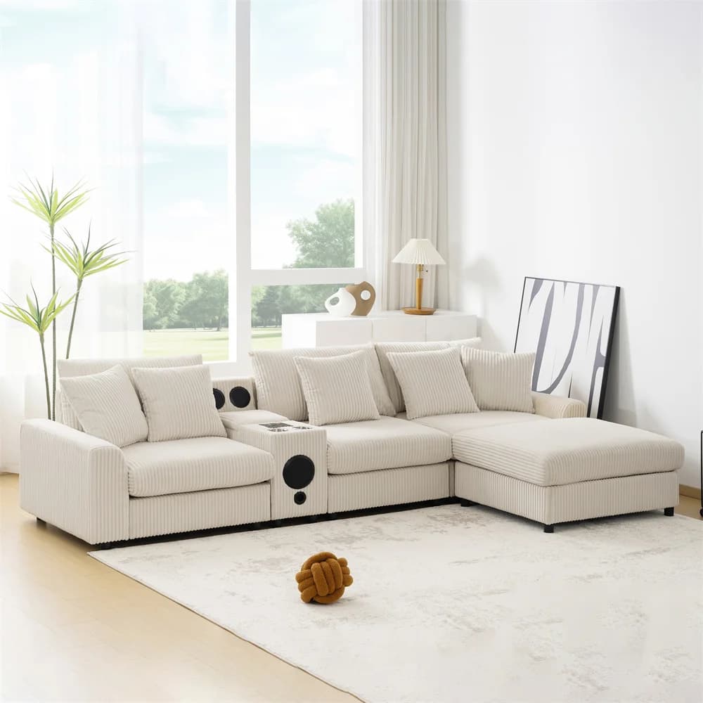 #￥Corduroy Sectional Sofawith Bluetooth Speakers L Shaped Couch Cloud Sofa Supplier with Console USB Cup Holders Storage Ottoman