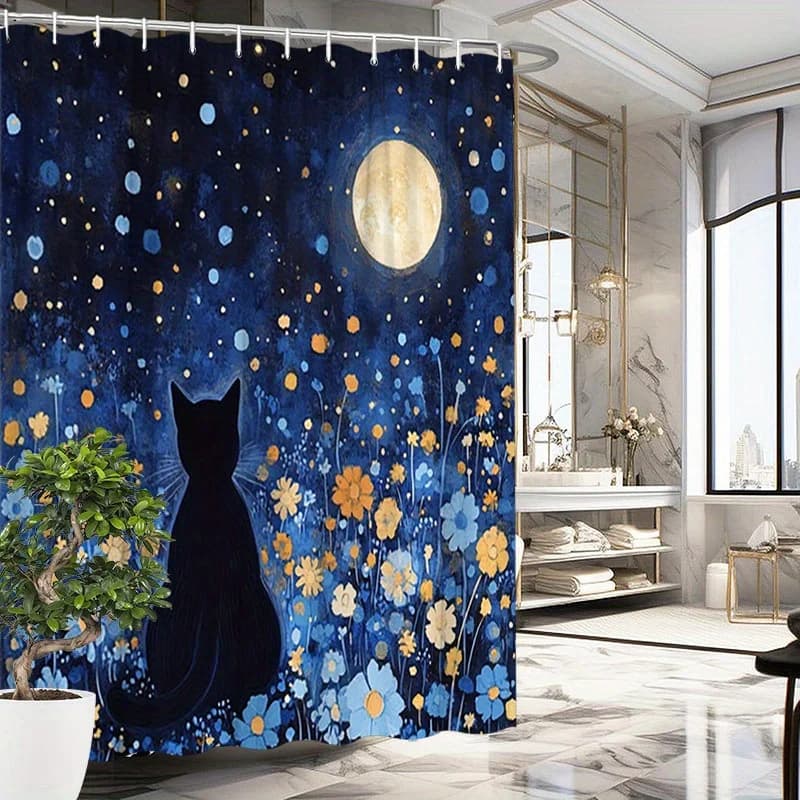 Tenda da doccia con silhouette di gatto nero da 1 pezzo con cielo notturno stellato e design floreale - Decorazione da bagno in poliestere, include 12 ganci,