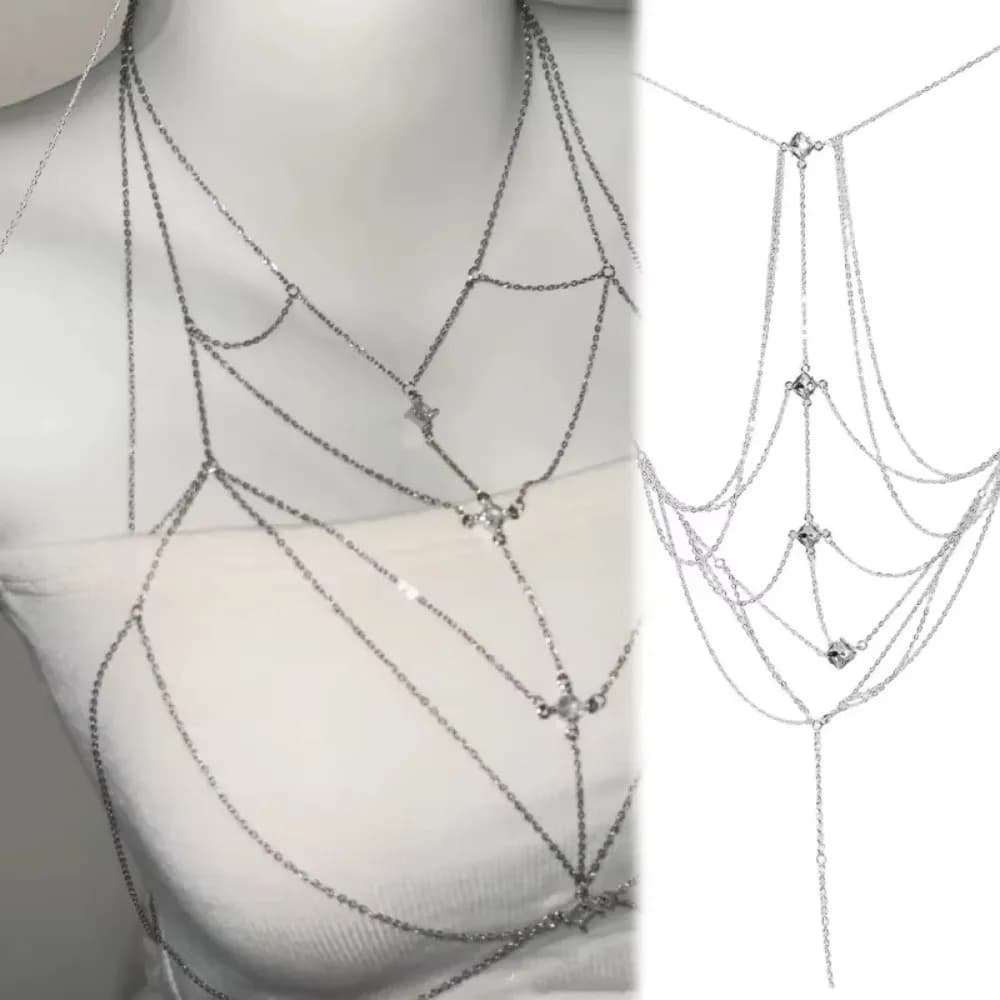 Catena per il Busto con Strass Luccicanti, Multistrato, Lussuosa Catena per il Petto da Bikini, Tendenza Unica, Catena per il Corpo Argento per Discoteche