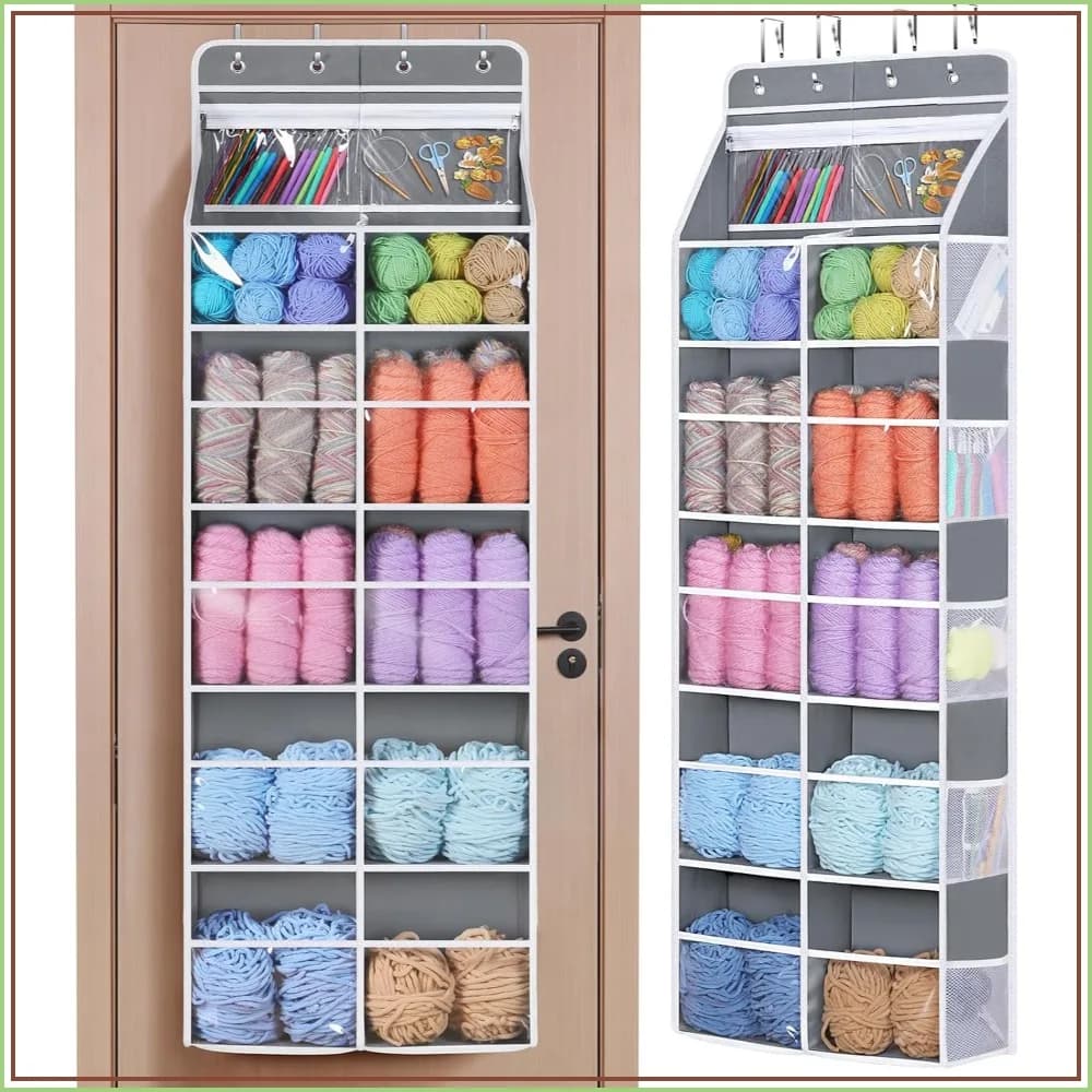 6-Tier Hanging Yarn Storage Organizer with 12 Deep Clear Pockets & 10 Mesh Side Pockets, Over The Door Knitting Organizer for Crochet Hooks and Needles