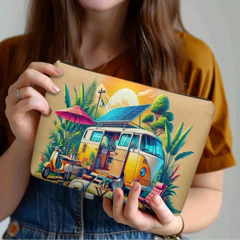 Borsa per cosmetici 1 pezzo, Summer Camper Van, borsa da toilette leggera con cerniera, adatta per viaggi e uso quotidiano, multifunzionale