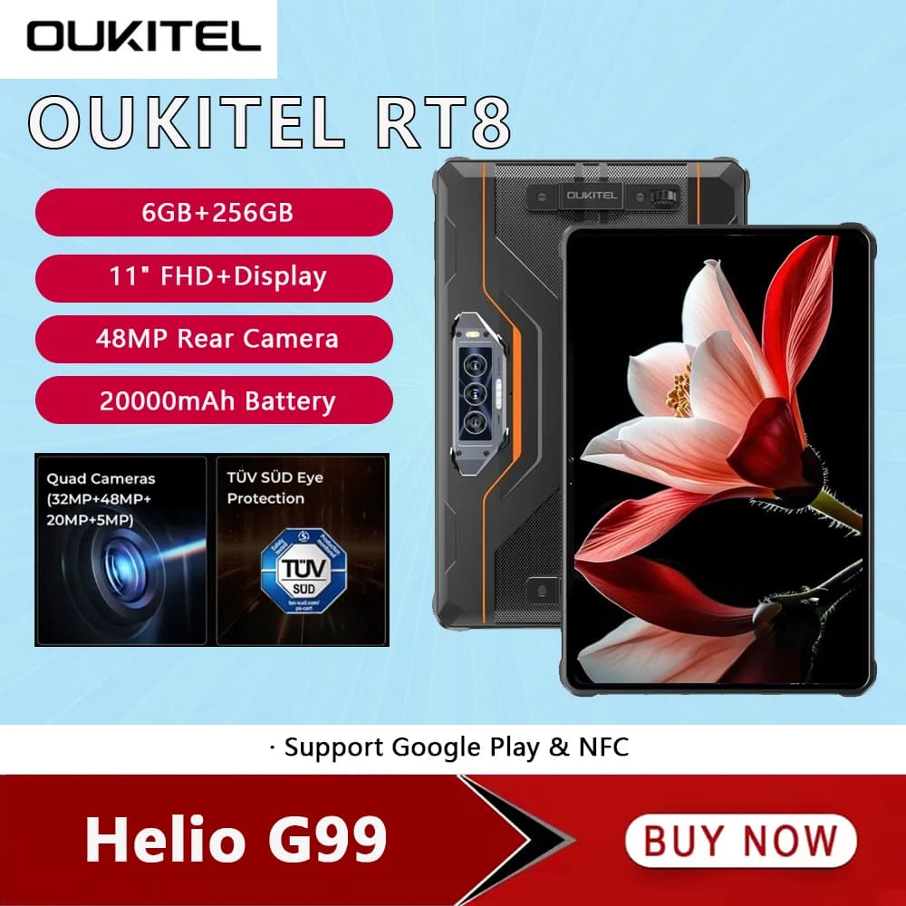 Tablet Robusto Oukitel RT8 con Batteria da 20000mAh, Schermo FHD+ da 11 Pollici, 6GB+256GB, Helio G99, Fotocamera da 48MP, PC Tablet Android 13 con Ricarica Rapida 33W e NFC