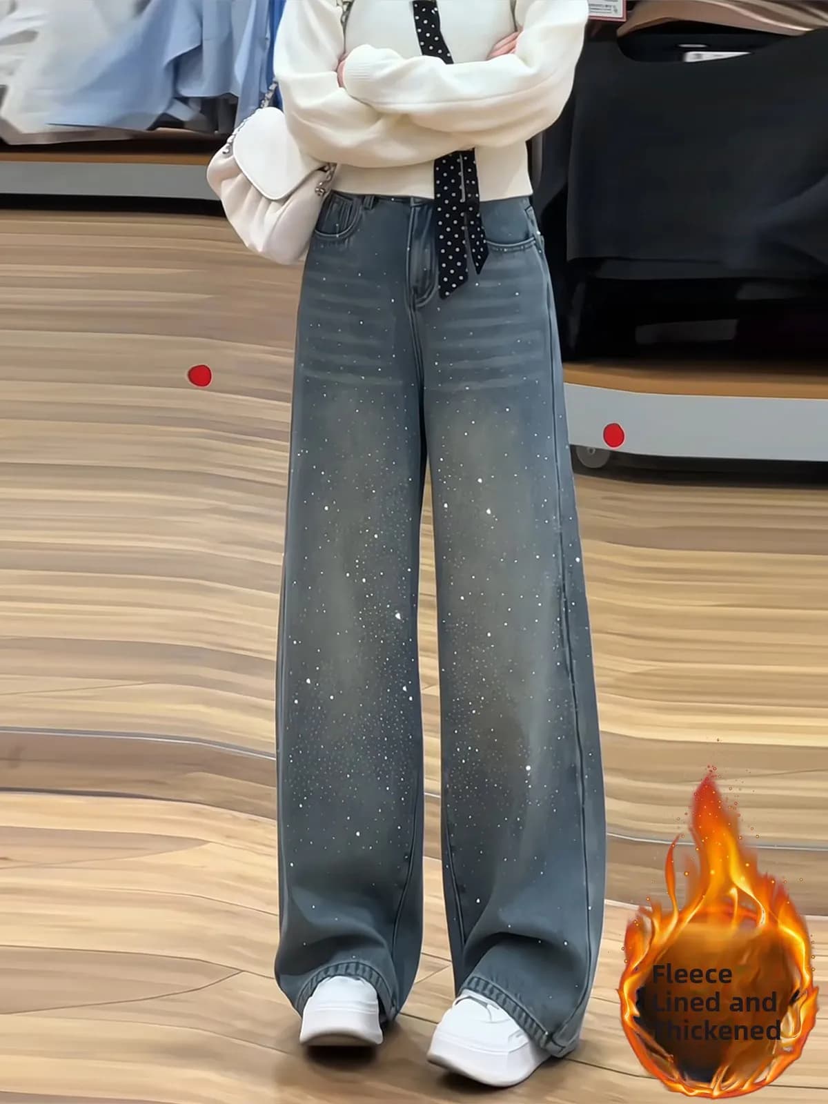 Blue High Waist Flared Jeans Women's Winter New Loose Slimming Fce Straight Leg Floor-Length Pants Glittering Crt