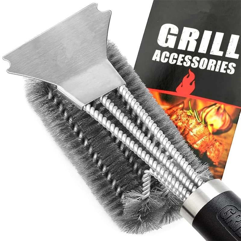 Camping and scraper grill brush Stainless steel barbecue cleaning brush with deluxe handle Grid cleaning brush with bristles 3 in 1 JT518