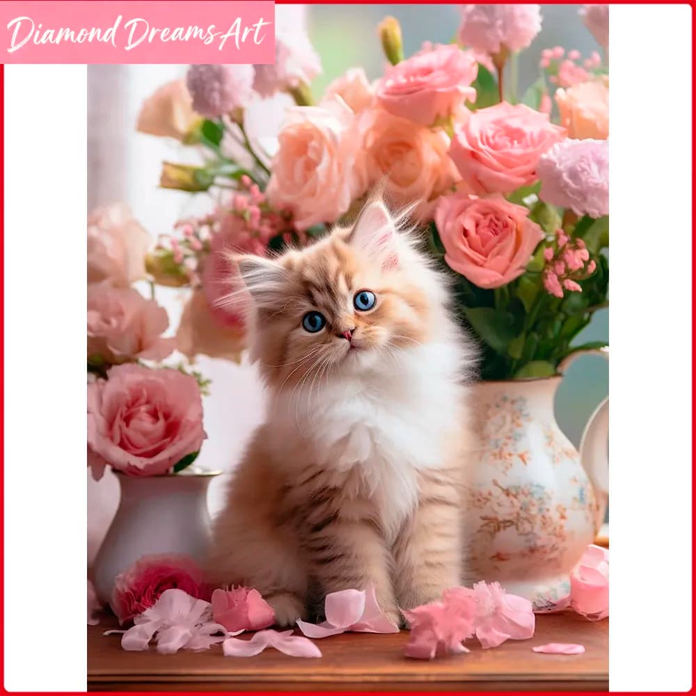 Nuovi Arrivi 2025: Kit Completo Pittura Diamante Gatto e Rosa, Mosaico Diamantato Animale e Fiore, Quadri con Strass, Senza Cornice