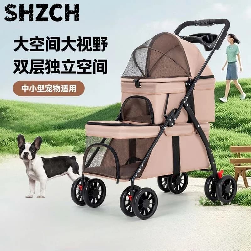 Double Pet Cart Dog Cat Teddy Baby Cart Out Pet Cart Lightweight Foldable Outdoor Travel