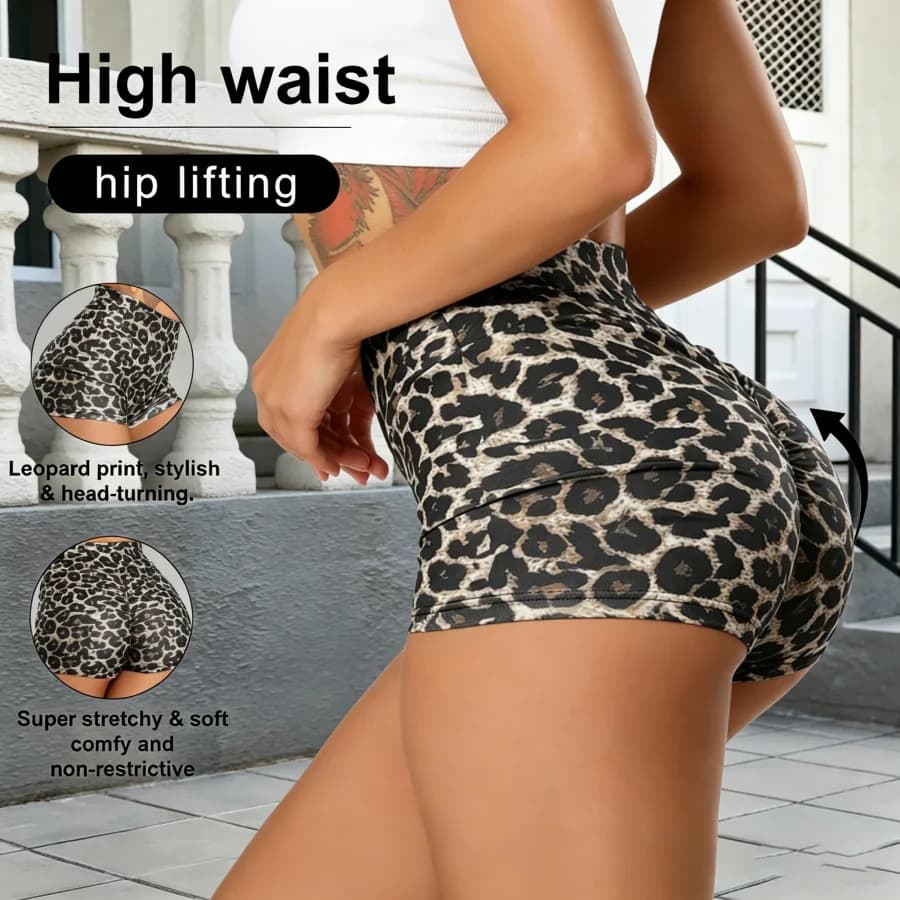 Leggings a vita alta elasticizzati da donna, pantaloncini yoga leopardati, modellanti per la pancia, effetto push-up, ad asciugatura rapida e traspiranti per corsa e allenamento