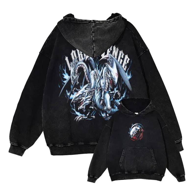 Felpe con cappuccio Yu Gi Oh Occhi azzurri Stampa drago Felpe con cappuccio lavate vintage Pullover oversize Manga Anime Felpa con cappuccio da uomo in cotone
