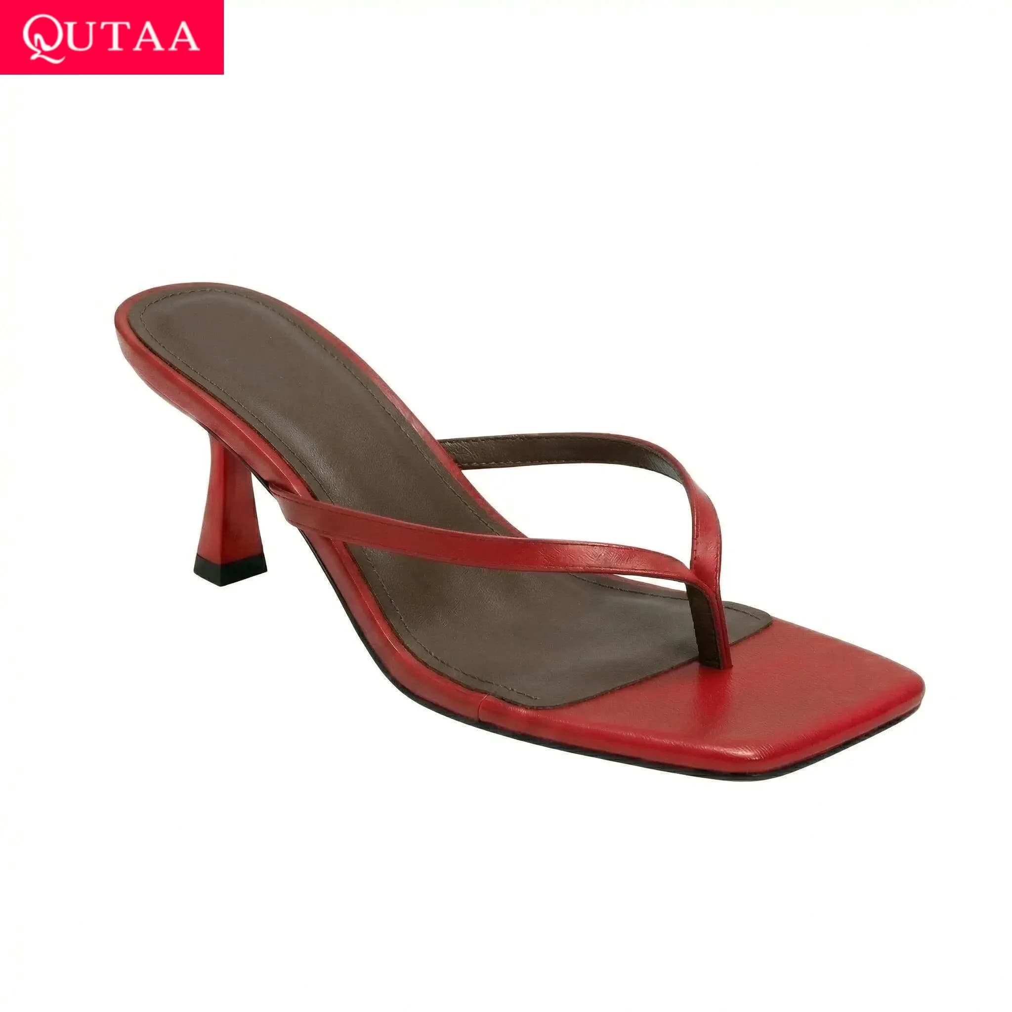 QUTAA News Fashion Infradito da donna, sandali estivi, scarpe con tacco alto, sandali slingback in pelle con punta quadrata, scarpe casual eleganti 34-43