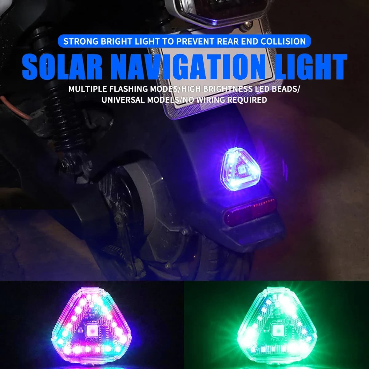 Spia stroboscopica a energia solare per moto, auto, moto, colorata, impermeabile, LED, notte, collisione posteriore, lampeggiante, lampada Siganl per