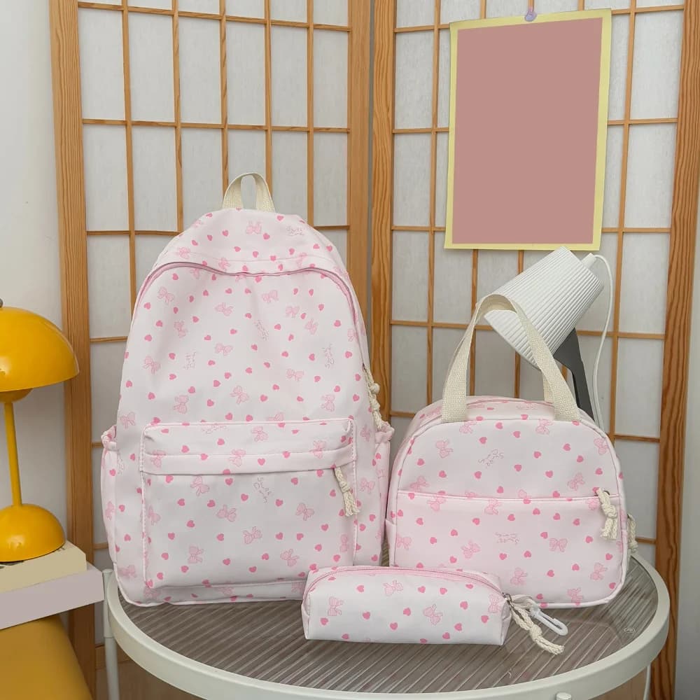 Coquette Bow Love Print Kawaii Backpack Set with Lunch Bag & Pencil Pouch Aesthetic Preppy Backpack for Teens Women