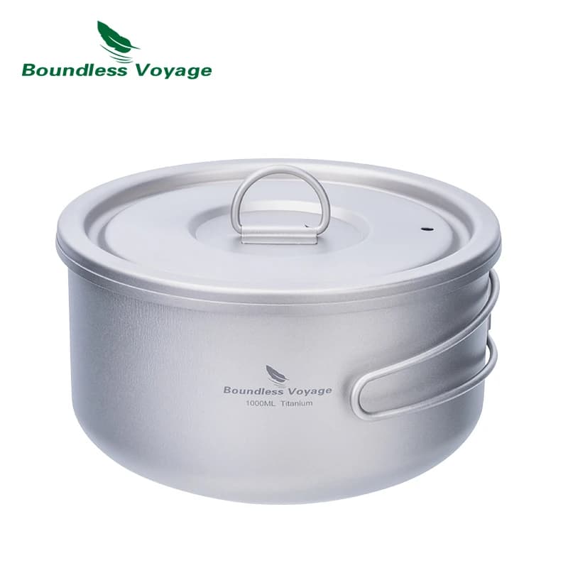 Boundless Voyage Pentola da campeggio in titanio con coperchio Pentola da cucina ultraleggera per esterni Scatola da pranzo monostrato con manico pieghevole Ti2041C