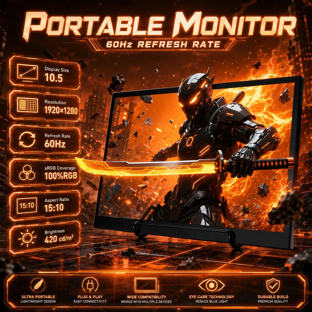 10.5" Ultra-Slim Portable Monitor, 1920x1280 IPS, 100%RGB Stand + Speakers, Type-C/Full USB-C/Mini HDMI PC Travel Gaming SOYO