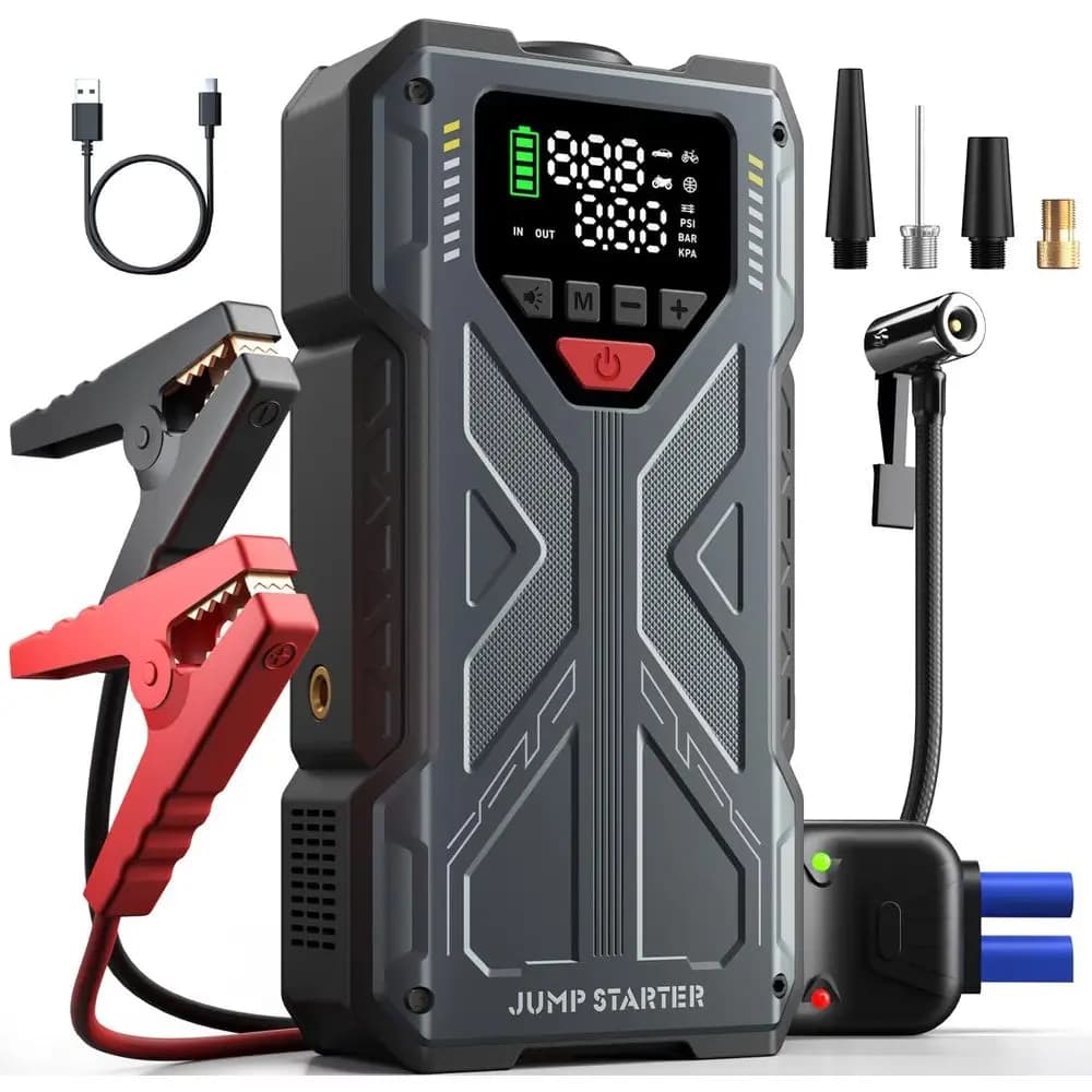 Kit Avviatore d'Emergenza Portatile 4000A con Compressore d'Aria, Gonfiatore Pneumatici 150PSI, Booster Batteria 12V e Cavi di Avviamento