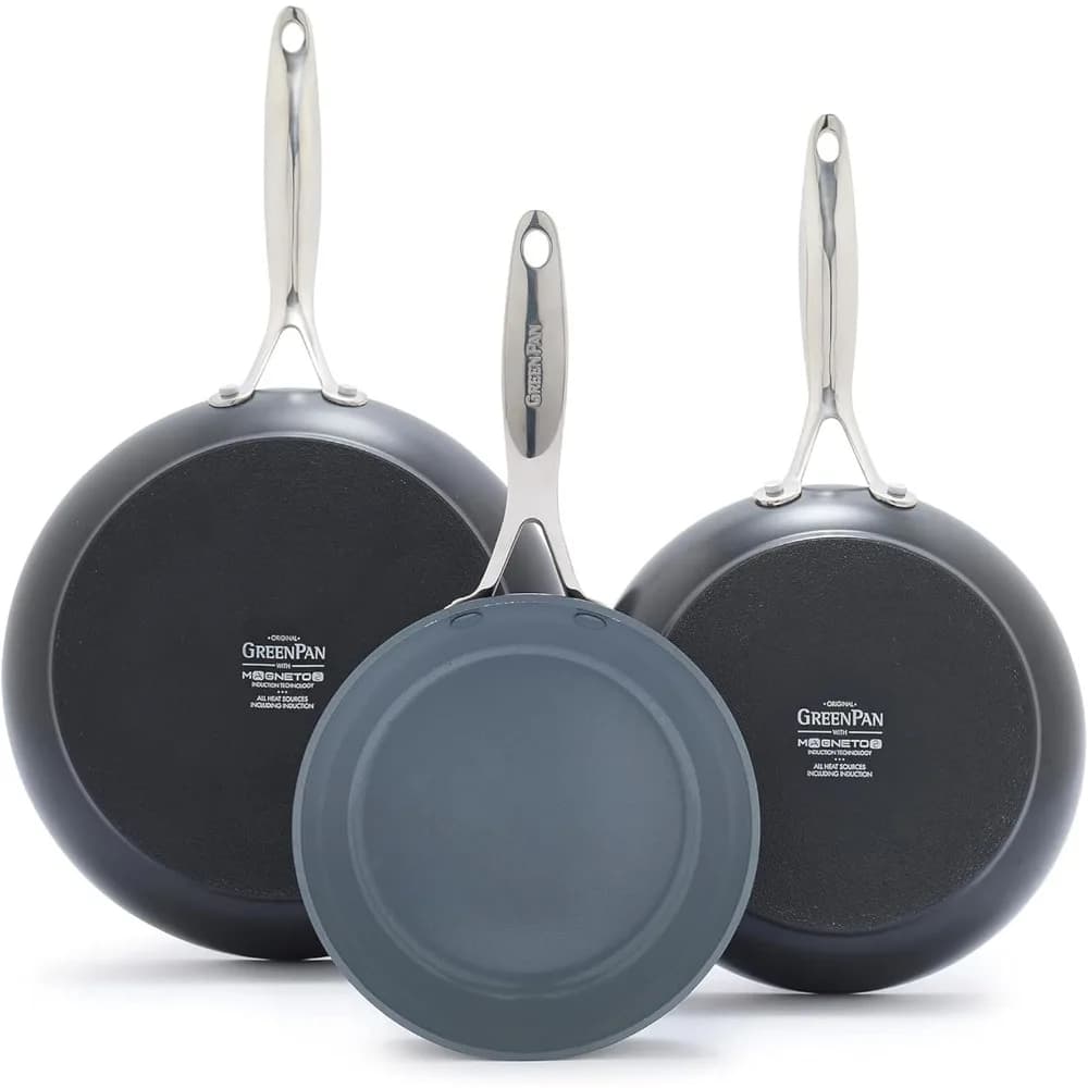 Set di Padelle Professionali in Ceramica Antiaderente 8 9.5 11 Pollici, Compatibili con Induzione e Lavastoviglie, Forno 600°F, Grigio