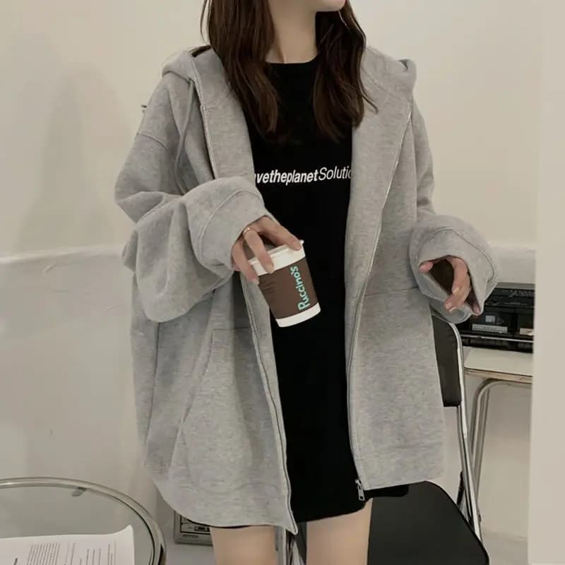Women's Zipper Hoodie Sweatshirt Casual Grey Loose Fit Sporty Open Cardigan Outerwear Spring Autumn New Style Korean Version