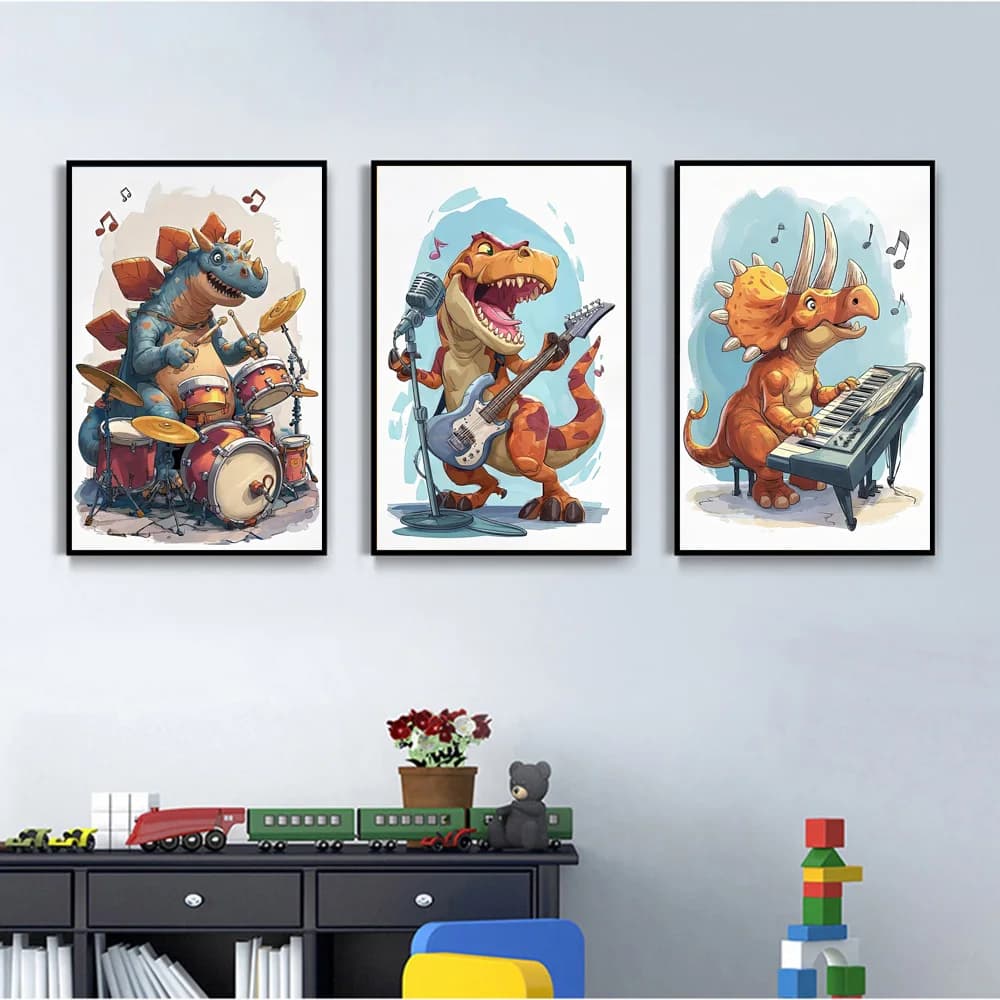 Funny Dinosaur Band Wall Art Guitar Drums Piano Musical Dino Canvas Prints Watercolor Decor Cartoon Poster Painting