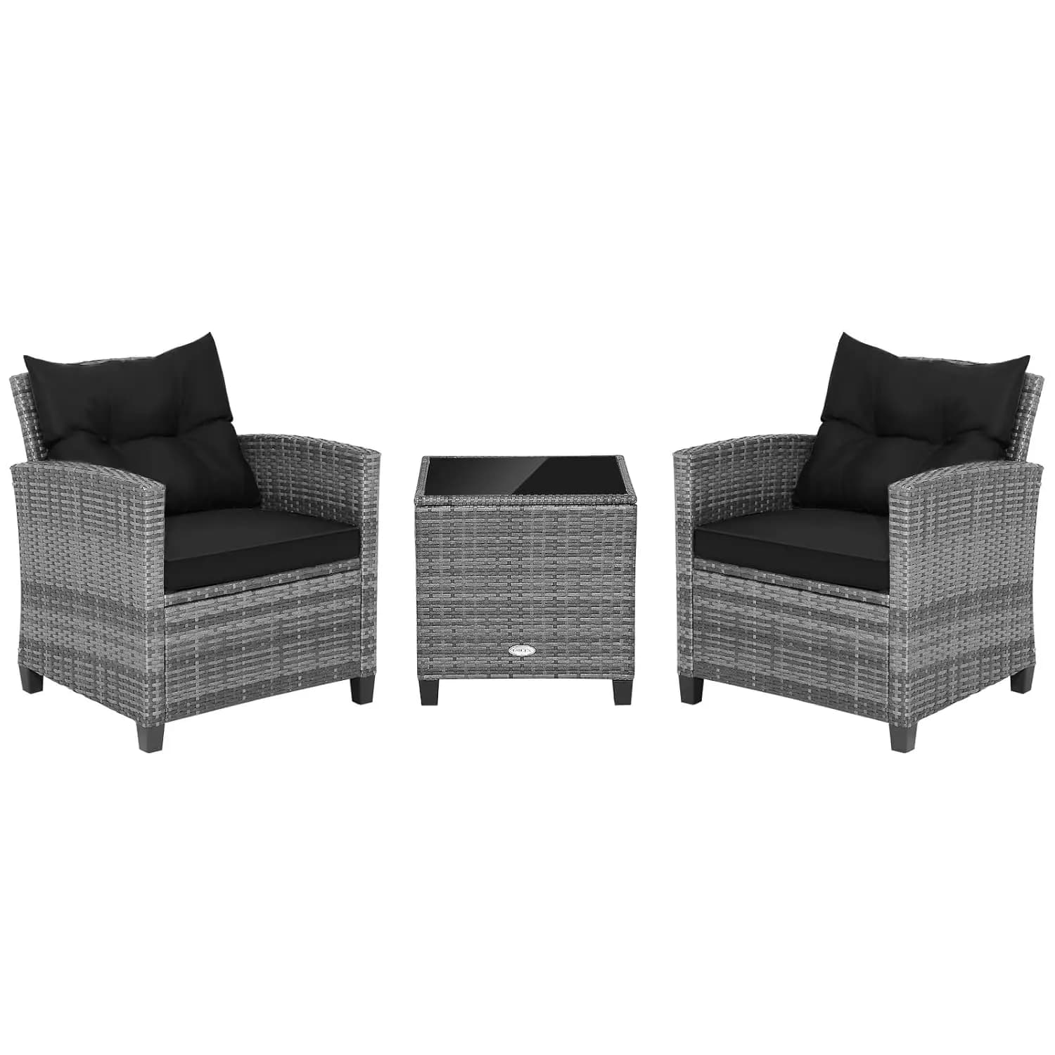 Set di Mobili da Giardino in 3 Pezzi, Sedie in Rattan con Cuscini Rimovibili, Tavolino in Vetro, Arredamento Personalizzato in Vimini PE per Veranda e Cortile