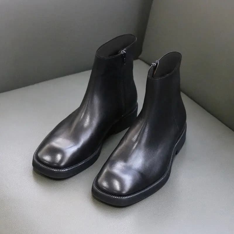 Stivaletti Chelsea da Uomo con Fodera in Pile, Punta Quadrata, Scarpe Casual in Pelle, Calde, Tacco Basso, Chiusura con Cerniera