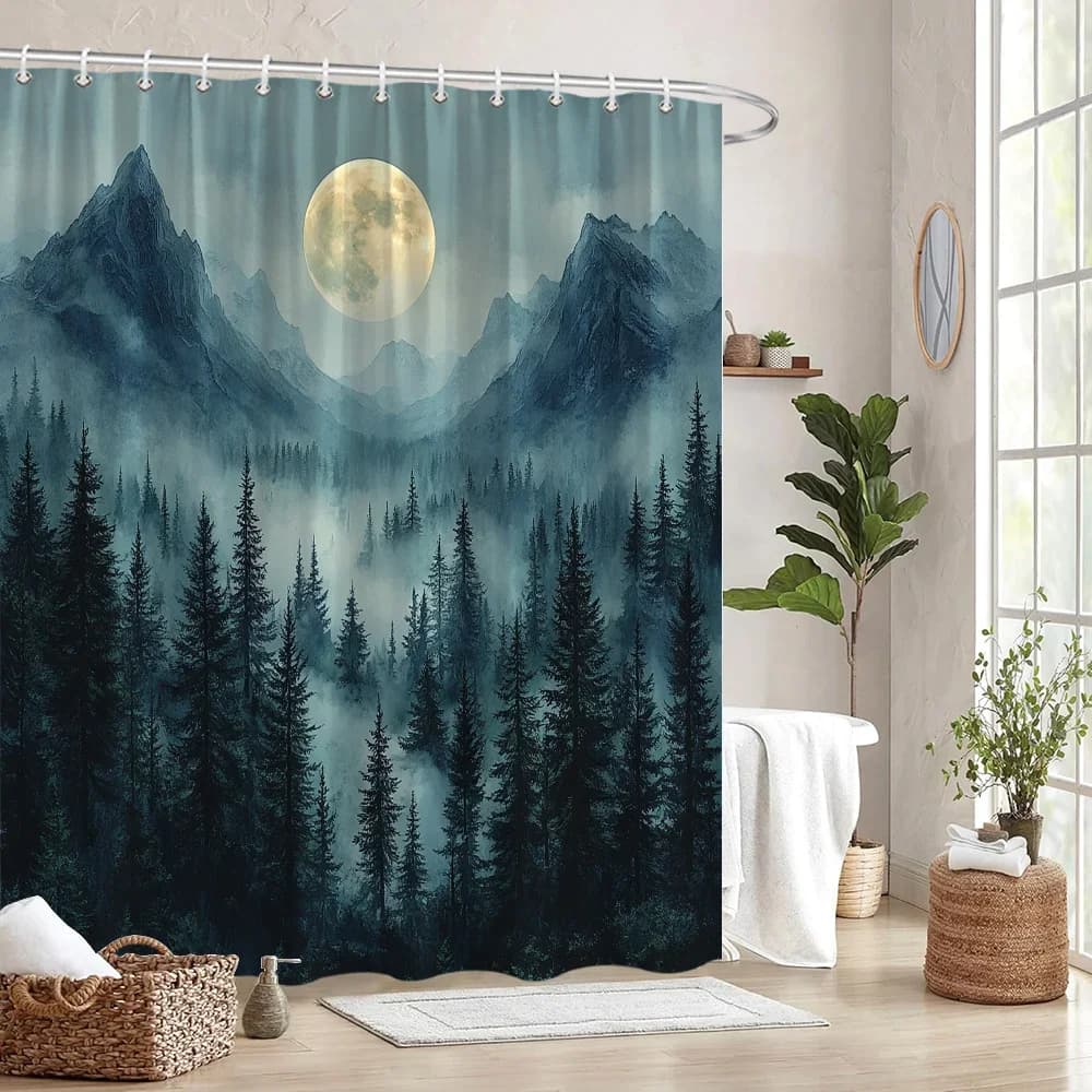 Tenda da doccia Misty Mountain Forest, 1 pezzo, poliestere, lavabile, con 12 ganci, design etereo blu-verde Twilight Sky, per Tran