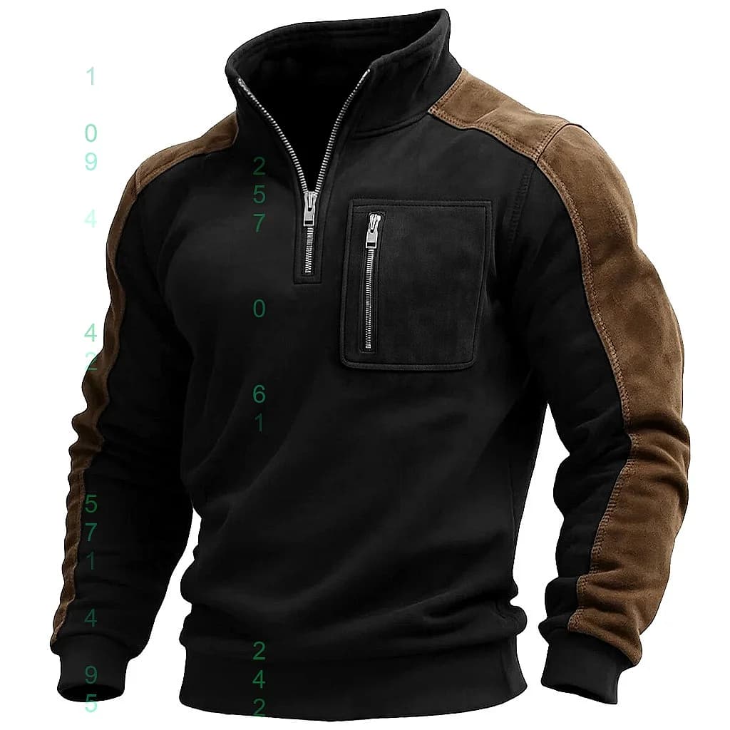 Men's Retro Suede Black Brown Color Block Half Zip Hoodie Sweatshirts