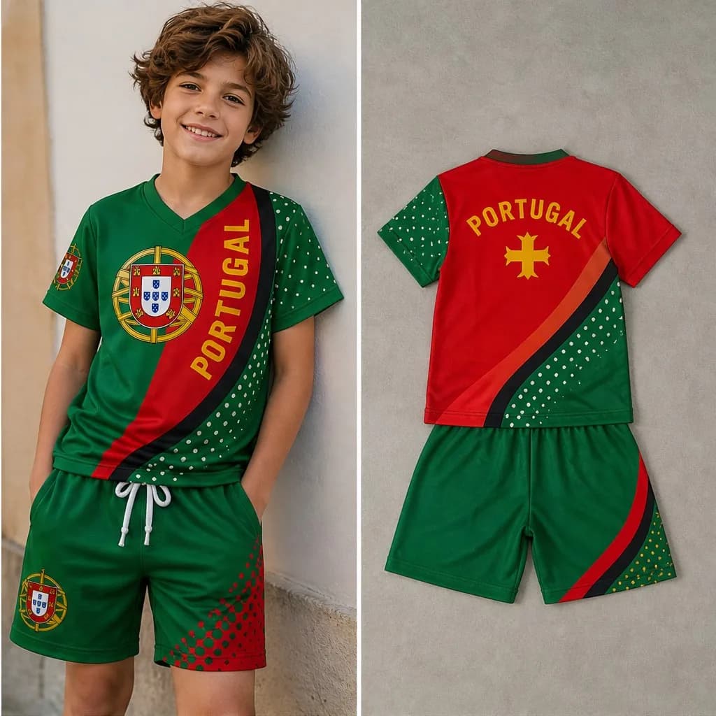 Kids V Neck Short Sleeve Sets Portugal Armillary Crest Sash Tee And Shorts Casual Summer Outfit For Boys Trendy Sport Daily Wear