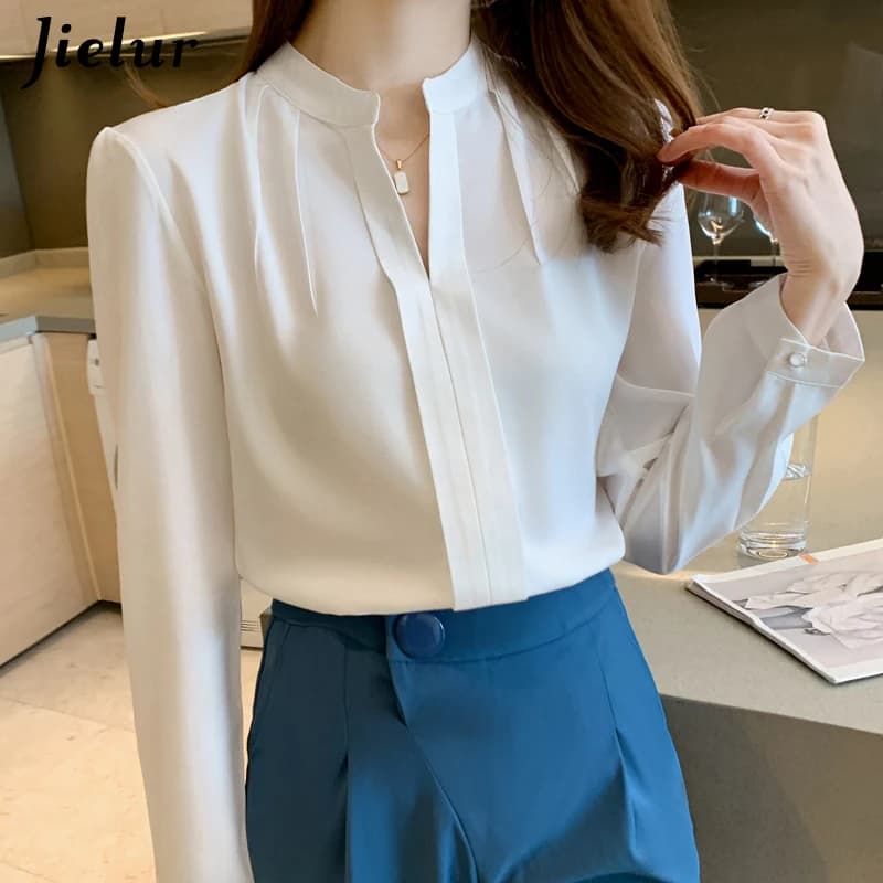 Jielur Spring Women camicia in Chiffon bianco top da donna camicetta con scollo a v manica lunga donna Blusas Mujer De Moda 2022 camicie camicette