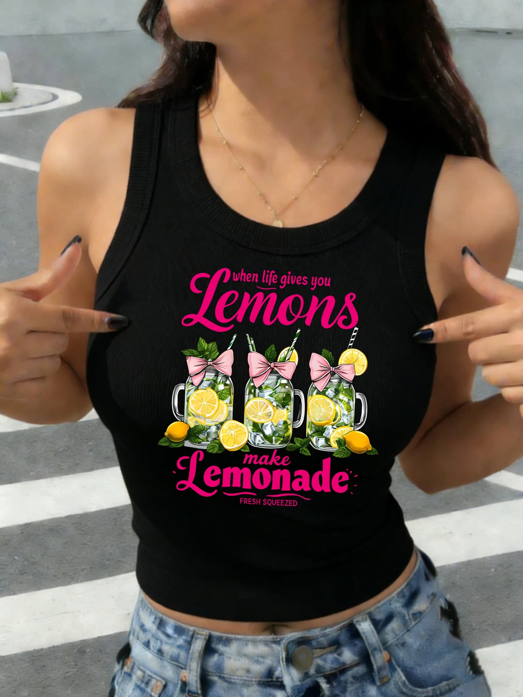 Magliette Senza Maniche Estive Casual da Donna in Cotone con Stampa 'When Life Gives You Lemons Make Lemonade' Stile Coreano