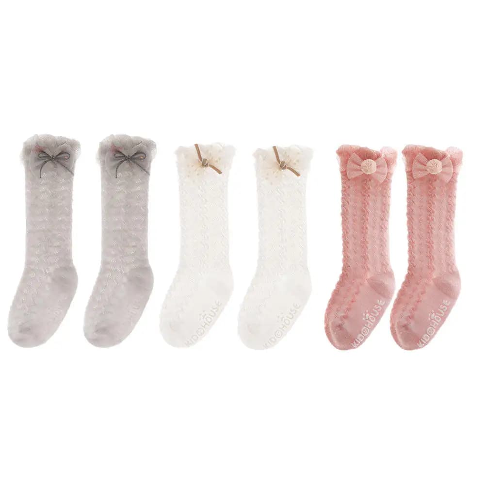 3Pairs Mesh Baby Socks Spring Summer Thin Cotton Breathable Comfortable Newborns Socks Long Stylish Bowknot Design