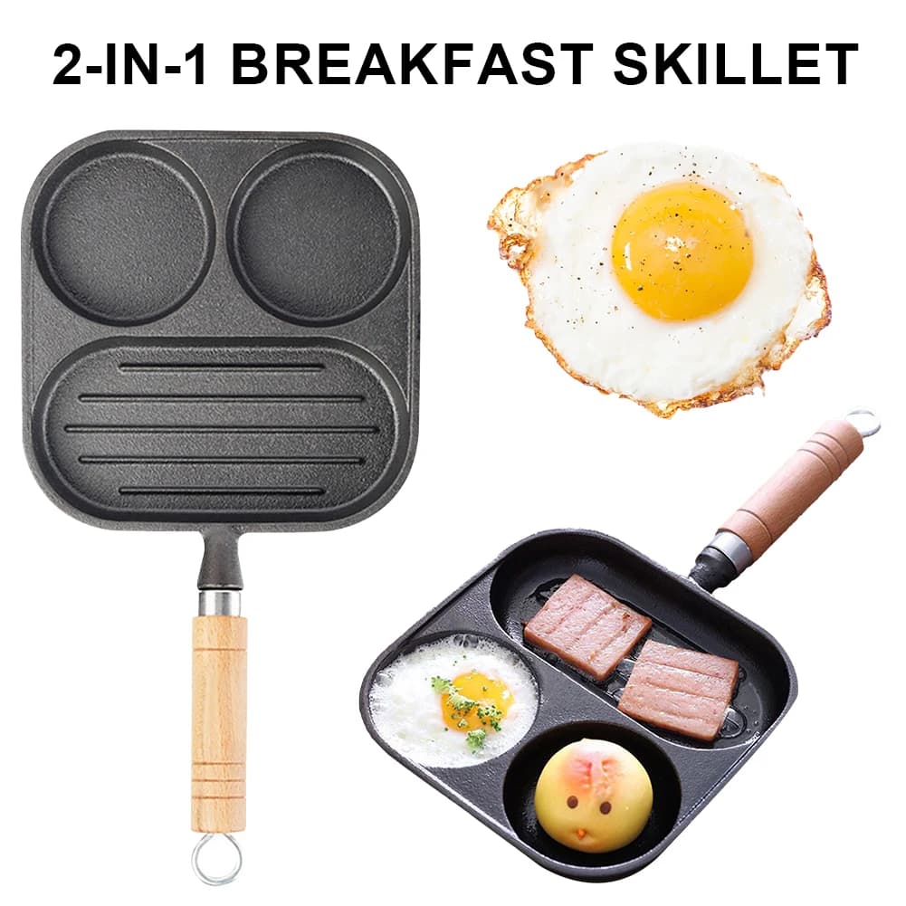 4 holes cast iron and 3 cups, for burgers, non-stick pan for pancakes, pan with handle, induction cooker for frittata