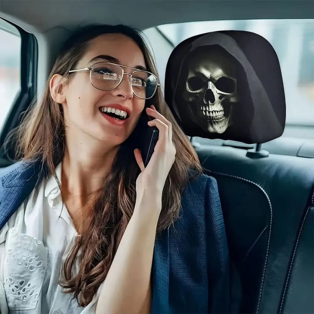 Grim Reaper Scythe Car Headrest Covers 2pcs, Car Seat Interior Decor