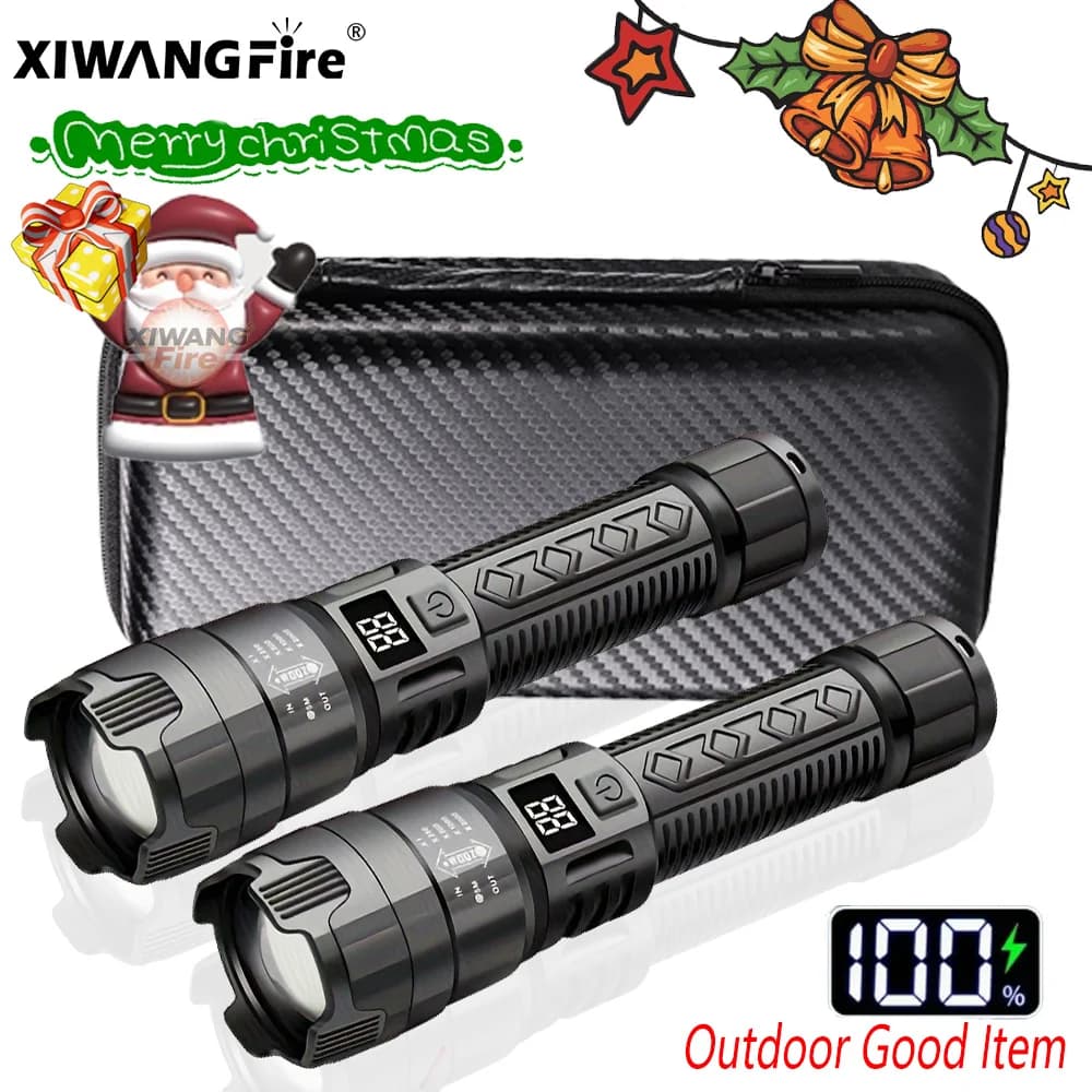 Torce a LED ad alta potenza Torcia tattica da 2000LM con luce display Lanterna zoom di emergenza da pesca ricaricabile da campeggio