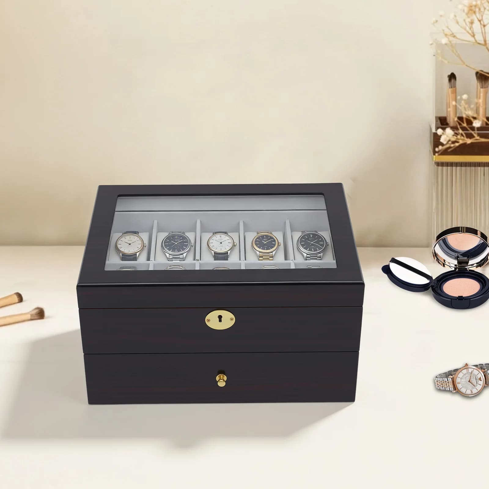 Scatola Porta Orologi in Legno con 20 Scomparti, Espositore con Coperchio in Vetro, Organizzatore per Gioielli con Serratura