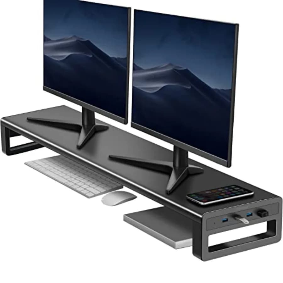 Supporto per Doppio Monitor con Hub USB 3.0, Stand in Metallo per 2 Monitor, Nero, Supporto Multi-Dispositivo e Cavo