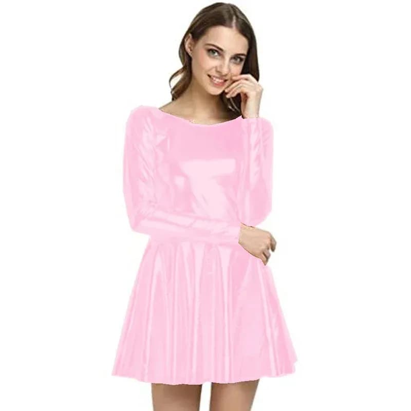 Abito plissettato a maniche lunghe semplice taglie forti Abito da donna con scollo rotondo Vestido Costume da ballo metallizzato lucido Moda A-line Mini Dr Cb;4.f