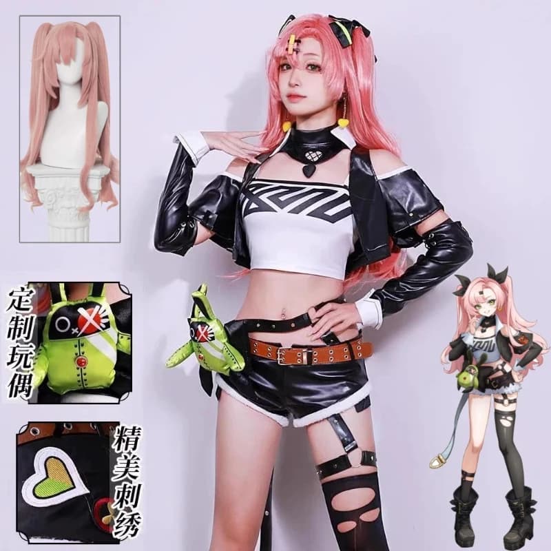 Nicole Demara ZZZ Cunning Sweetheart Skin Cosplay Neon Pink Bralette Harajuku Punk Arm Warmers Harness Belt Mini Dress Set