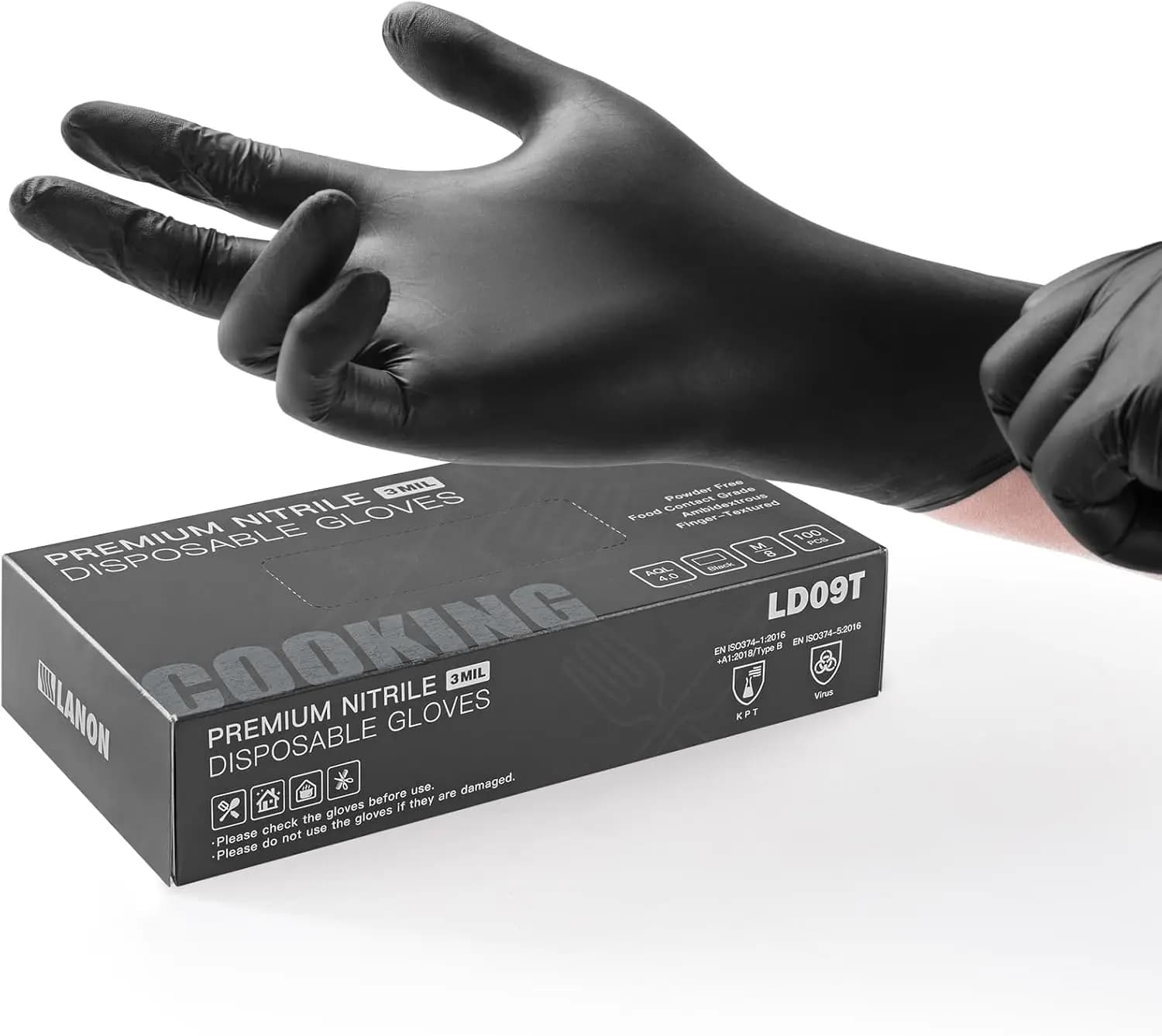 Guanti in Nitrile Monouso per Alimenti, Senza Lattice, Senza Polvere, con Punta delle Dita Testurizzata, per Cucina, Neri, Taglia Media