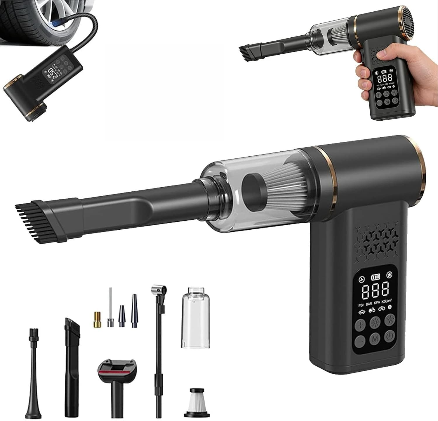 Pompa Elettrica USB Wireless Multifunzione per Gonfiaggio e Aspirazione, Compressore d'Aria Rapido 150psi, Portatile con Controllo Automatico della Pressione degli Pneumatici