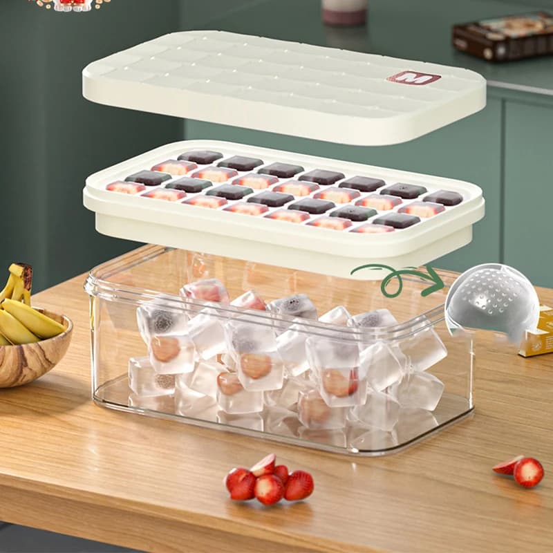 Vassoio per cubetti di ghiaccio in silicone con coperchio e contenitore, stampo per cubetti di ghiaccio facile da usare per congelatore, impilabile e riutilizzabile.