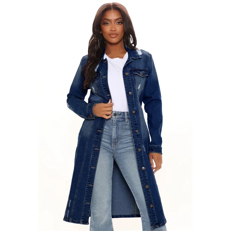 Nuovo arrivo moda foro cotone autunno inverno giacca di jeans lunga 2023 trench cardigan jeans mantello donna manica lunga Jean cappotto