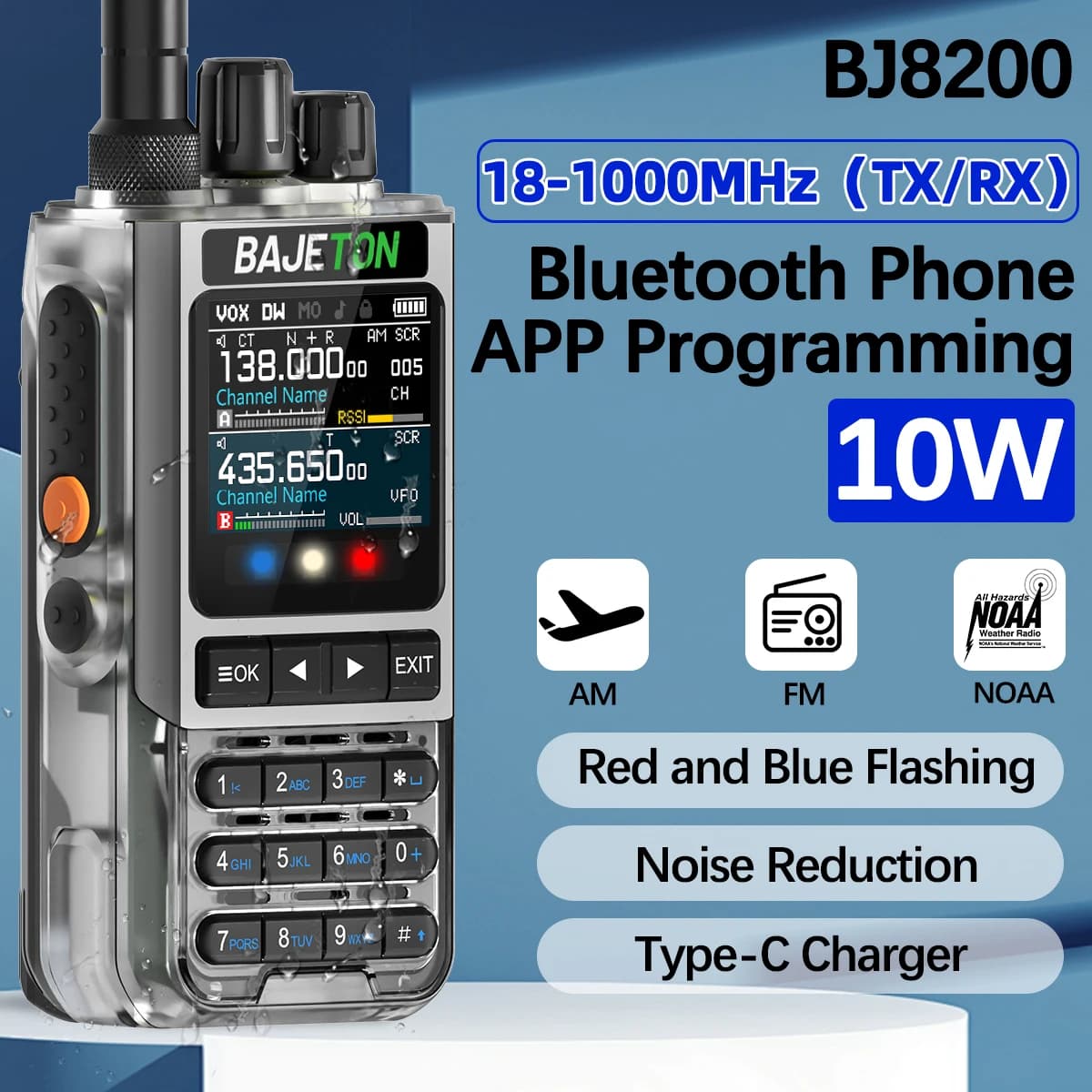 BAJETON BJ-8200 Walkie Talkie Full Band Bluetooth Programmazione del telefono A lungo raggio 10W Tri Power NoAA Riduzione del rumore Ham Radio