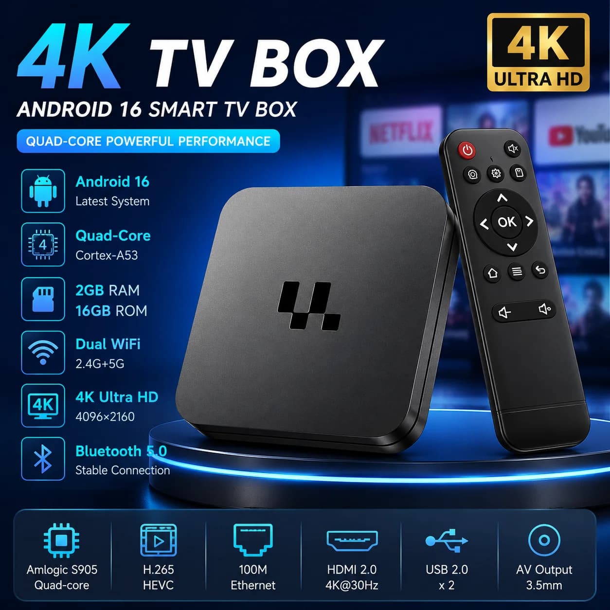 Dreress Y1 Smart TV Box 2GB 16GB Amlogic S905 Android 16 Dual Wifi 2.4G 5G BT5.4 Native 1080P 4K HD Set‑Top Media Player