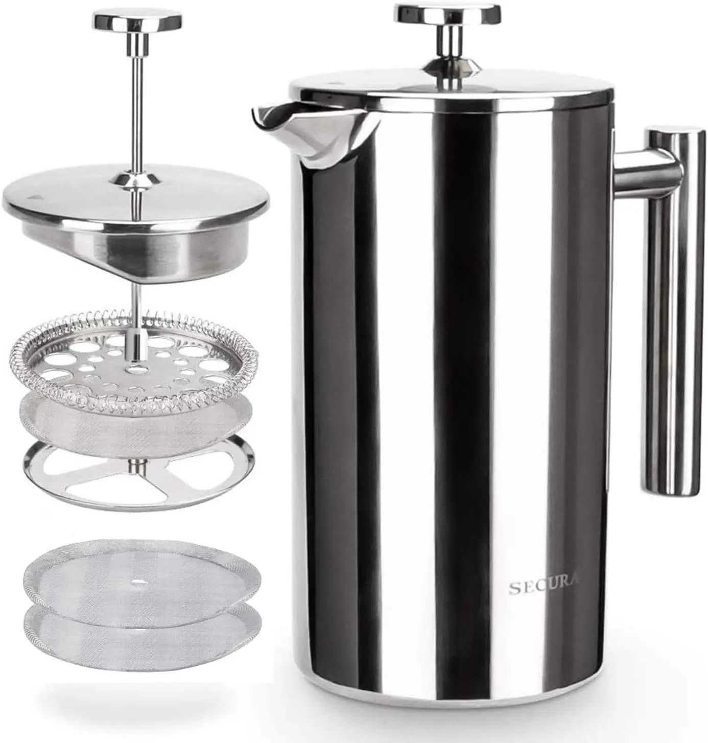 Coffe Maker French Press Stainless Steel, 34oz Insulated with Extra Filters for a Dry Flavor