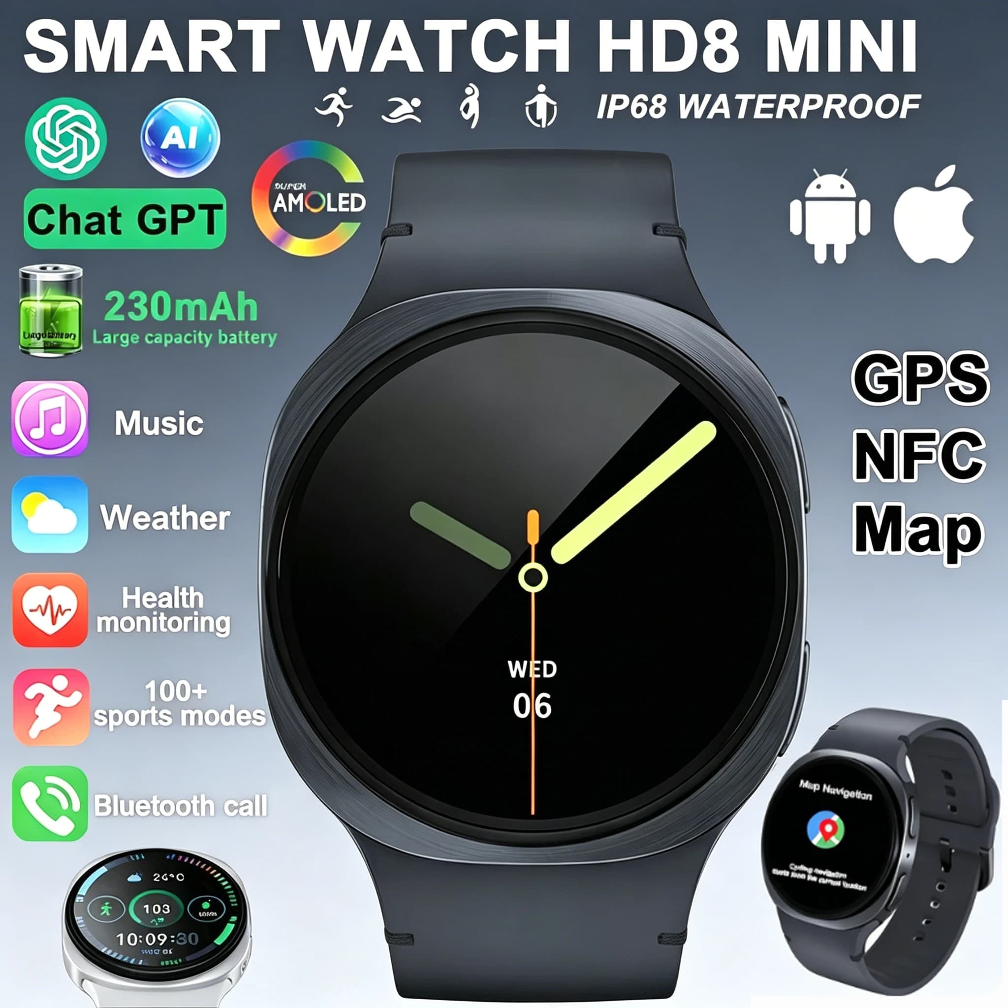 Smartwatch GPS 2026 8 Mini per Uomo e Donna, Orologio Sportivo con Cardiofrequenzimetro, Chiamate Bluetooth, NFC, Impermeabile IP68, Bussola