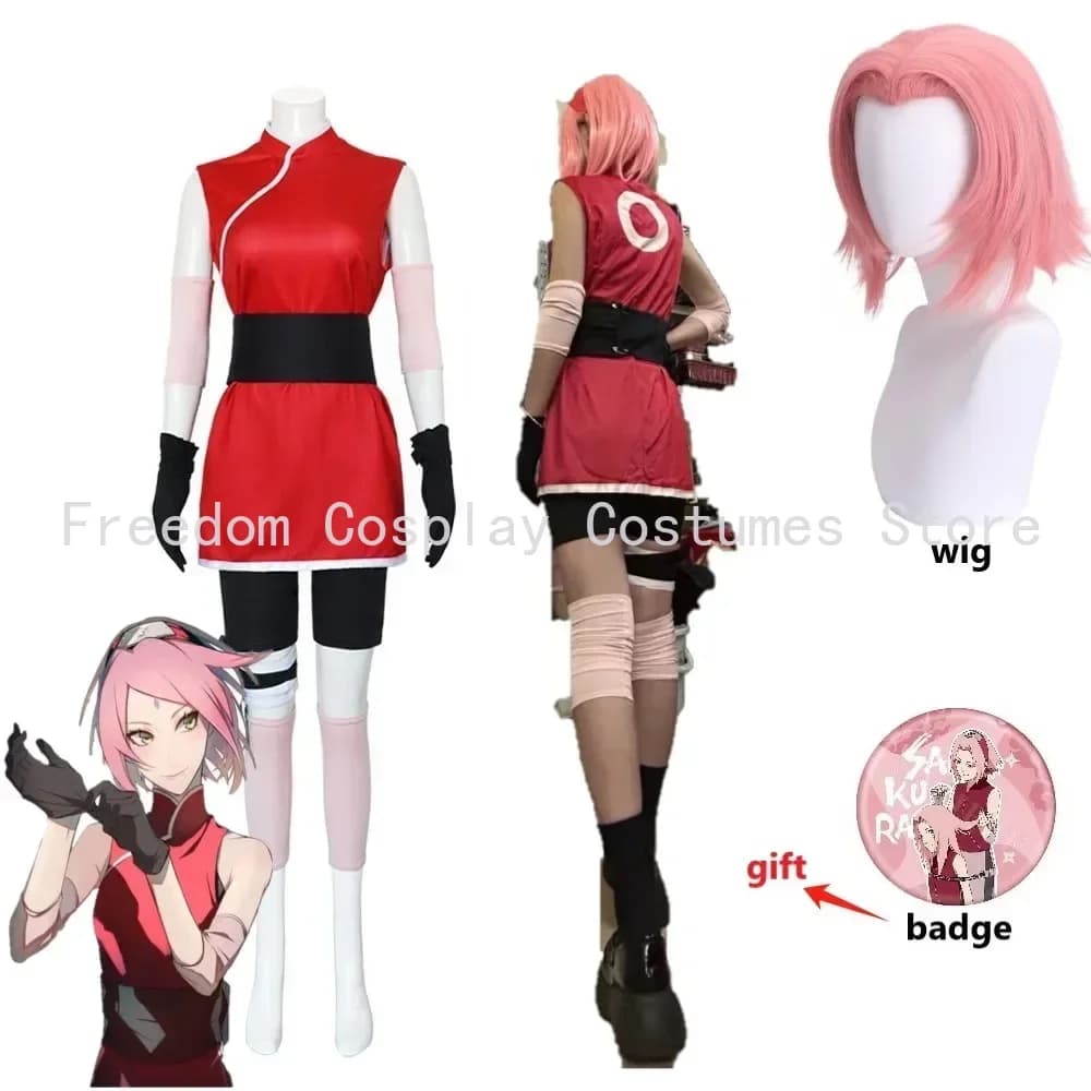 Anime Haruno Sakura Cosplay Shippuden Costume Wig Woman Girl Outfit Unisex Ninja Cartoon Halloween Carnival Party Costume