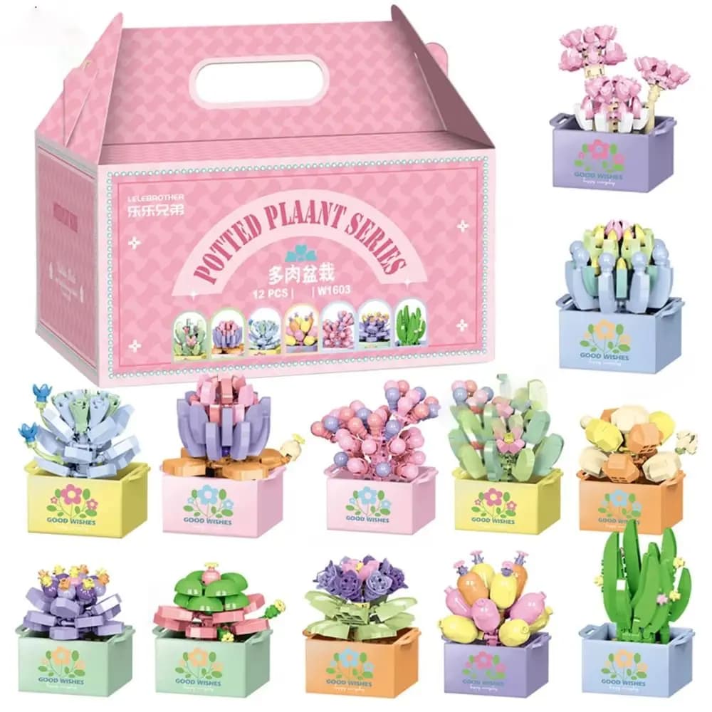 New DIY Flower Potted Building Block Home Desk Plant Decor Girl Brick Children Eternal Bouquet Succulent Potted Model