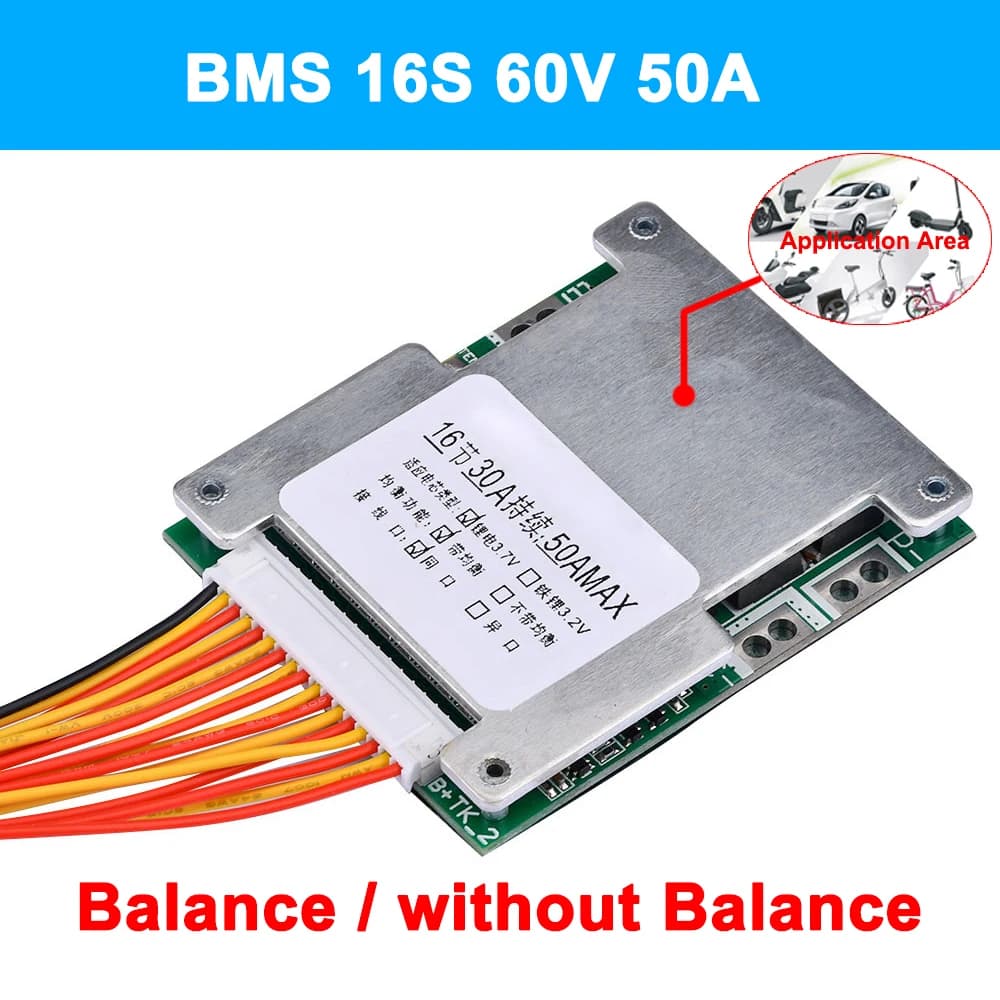 Scheda di protezione del caricabatteria al litio BMS 16S 60V 50A con bilanciamento della batteria di alimentazione che migliora la scheda di protezione per bici elettrica