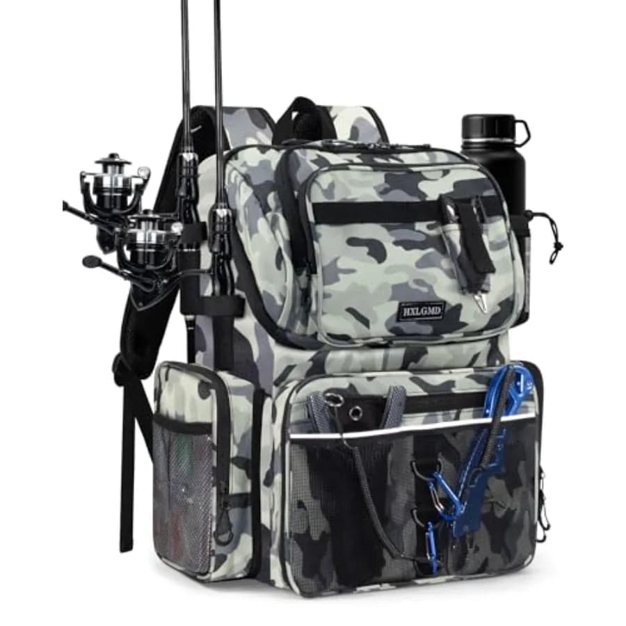 Zaino da Pesca con Portacanne 43L, Borsa Grande Impermeabile per Attrezzatura e Equipaggiamento con Scomparto Termico per Uomini Pescatori
